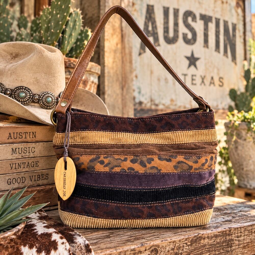 Caribbean Joe Y2K Patchwork Animal Print Corduroy Shoulder Baguette Bag